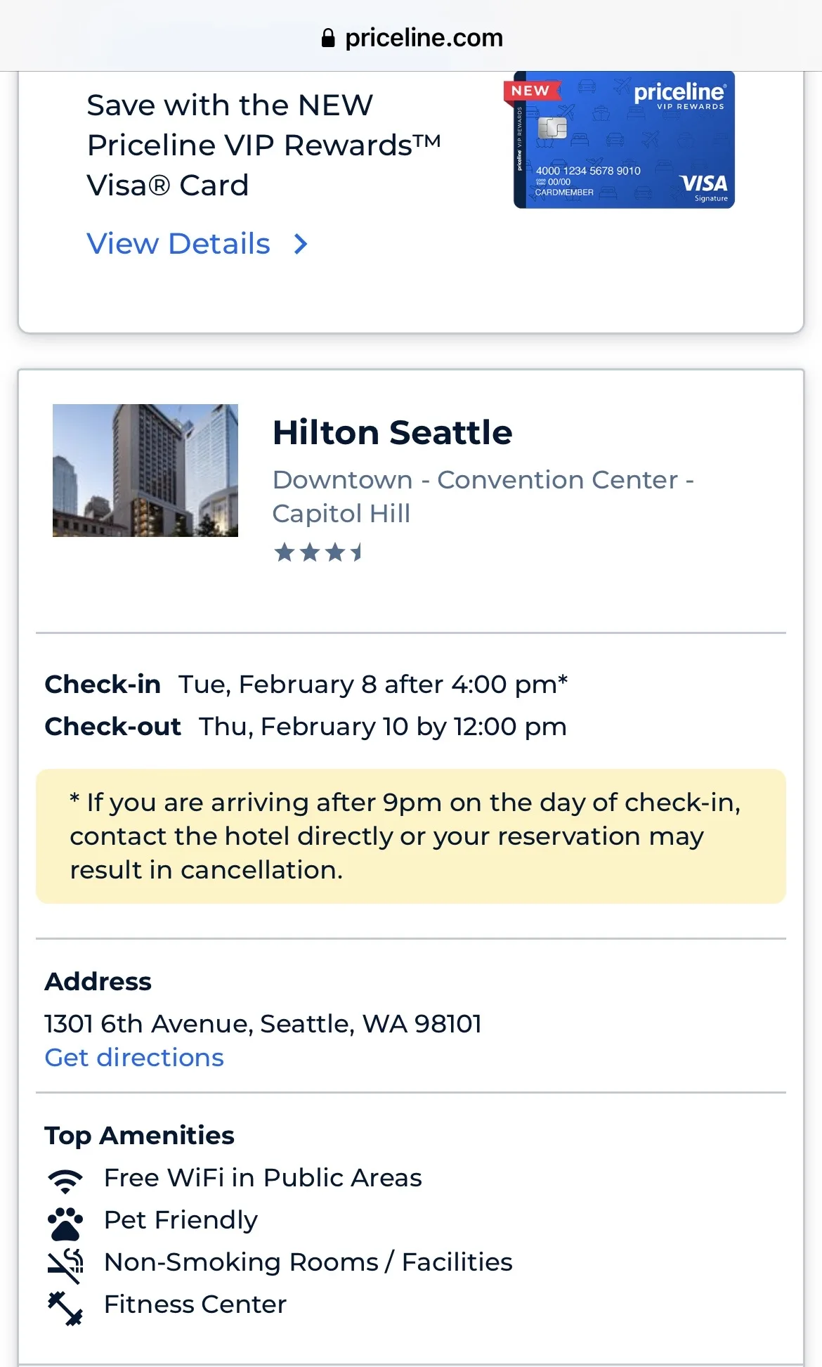 Priceline Express Deal booking confirmation for Hilton Seattle showing 2-night stay details