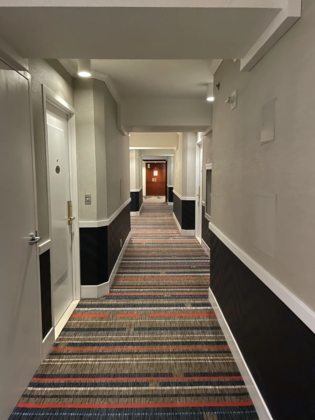 Hilton Seattle hallway with classic patterned carpet and old-school American hotel decor